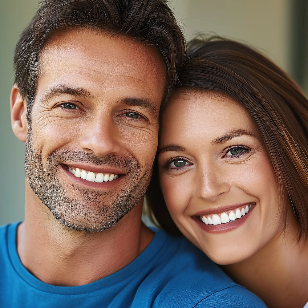 This is a color photograph featuring two smiling adults, a man and a woman, posing closely together with their arms around each other they appear to be in their mid-adulthood years, and both are looking directly at the camera. The man has short hair and a beard, while the woman has long hair and is wearing makeup. They are outdoors during daylight, as indicated by the natural lighting and clear sky. There is no visible text on the image.